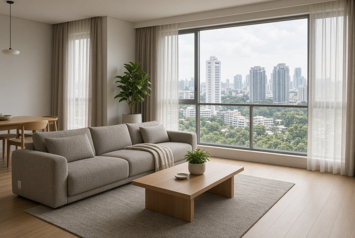Wide daylight view of a finished Singapore living room, styled interior
