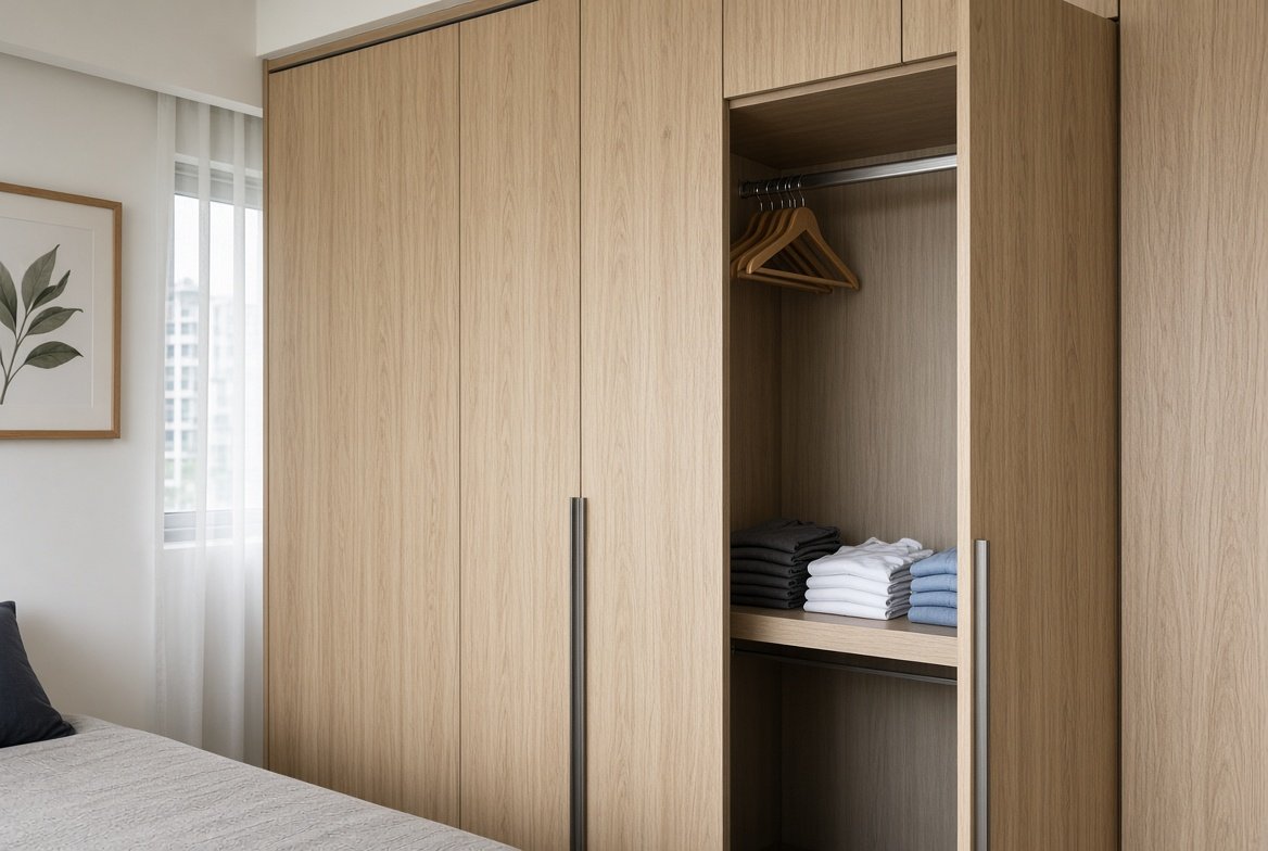 Built-in wardrobe carpentry detail, Singapore home